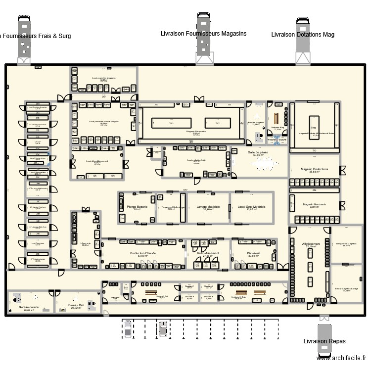Cuisine Centrale V3. Plan de 317 pièces et -50 m2