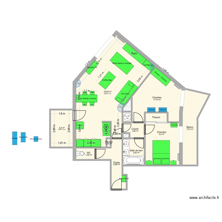 La Verpillière. Plan de 14 pièces et 82 m2