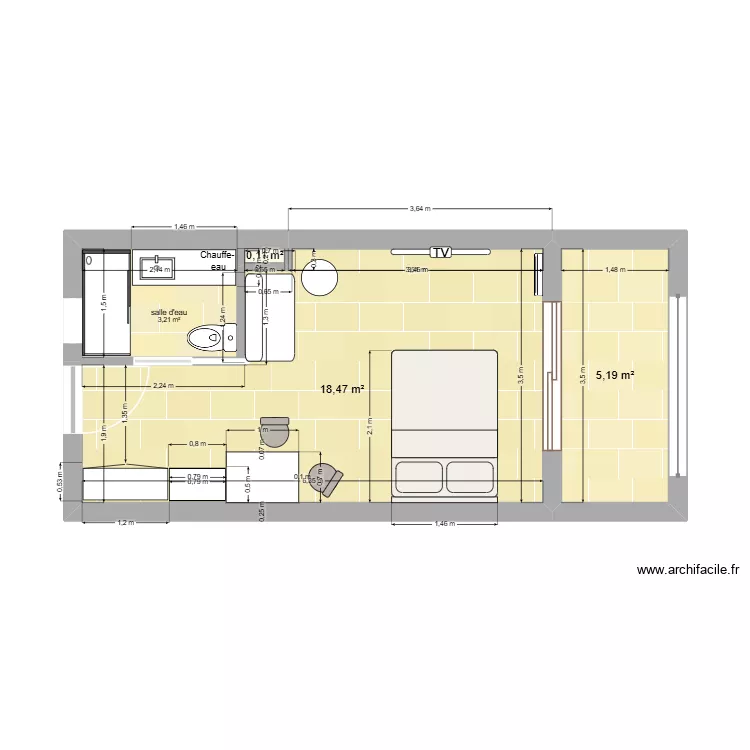 studio. Plan de 4  et 27 m²