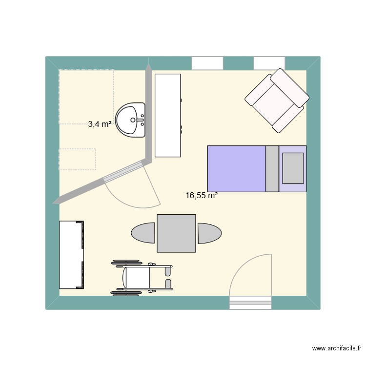 MARINE. Plan de 2 pièces et 20 m2
