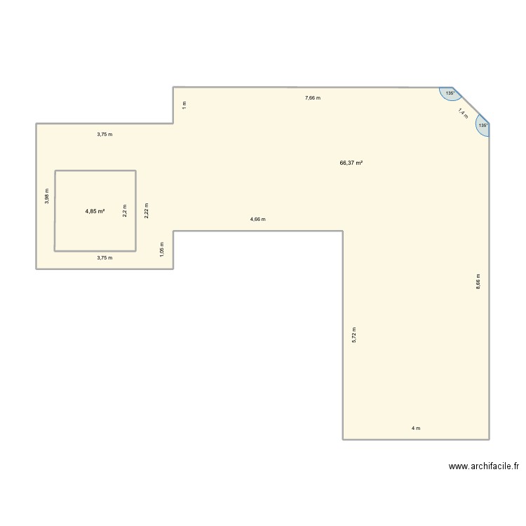 terrasse. Plan de 2 pièces et 76 m2