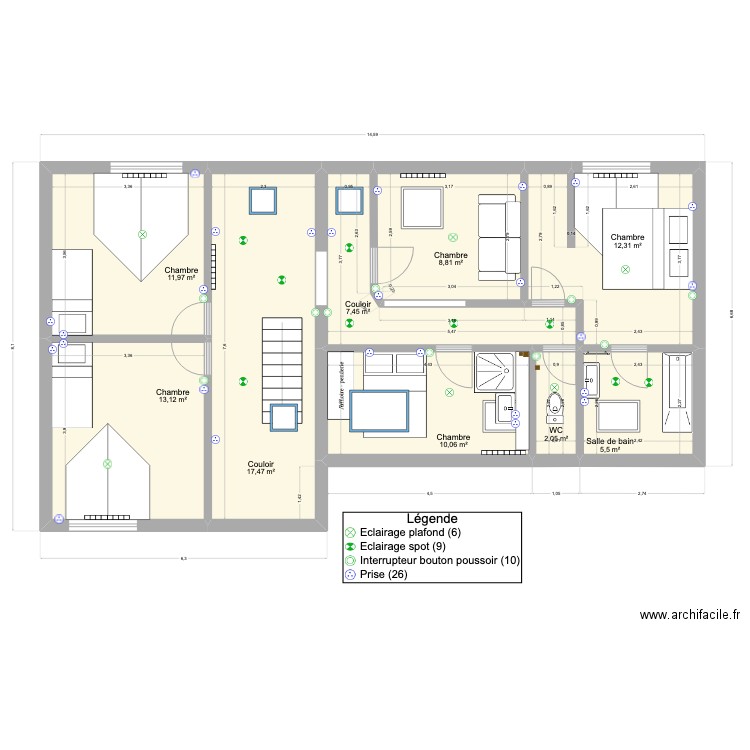 Peupliers 1er étage. Plan de 9 pièces et 89 m2