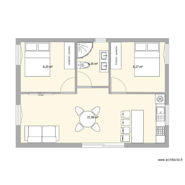 bungalow 2 chambre 40 m2. Plan de 4 pièces et 43 m2