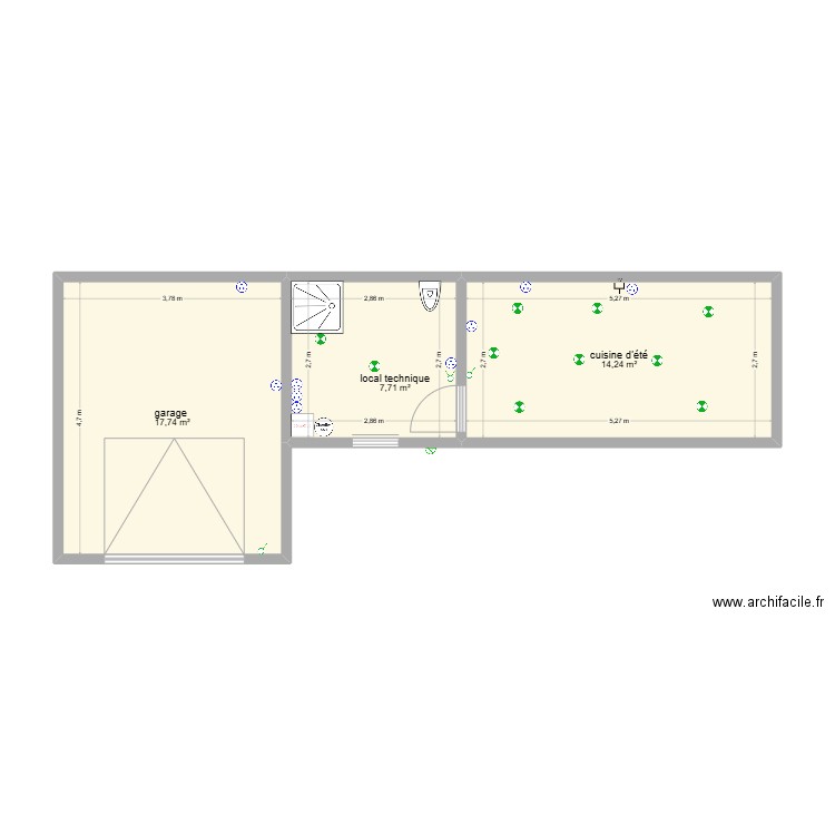 local. Plan de 3 pièces et 40 m2
