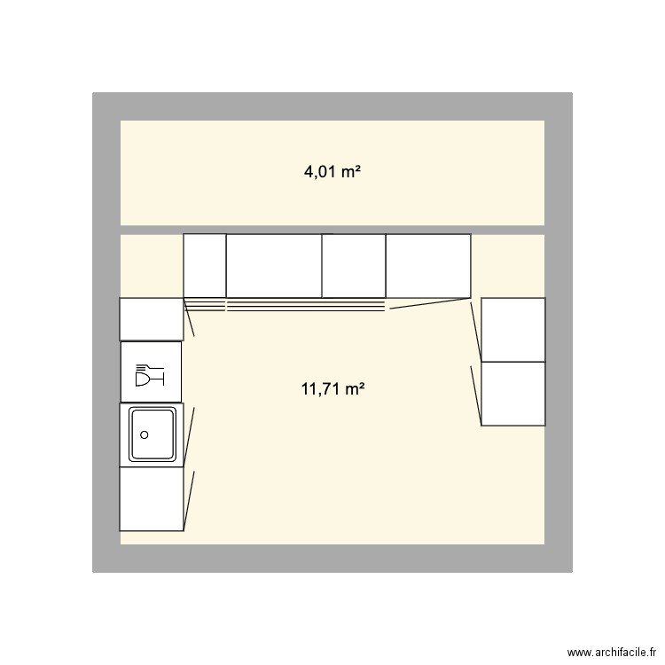 cuisine. Plan de 2 pièces et 16 m2