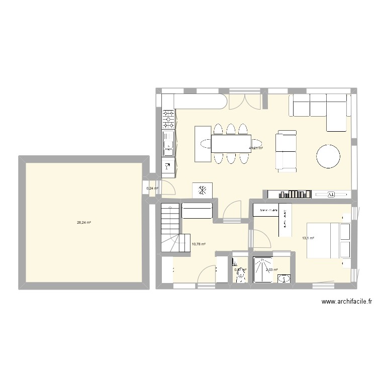 RDC P1. Plan de 7 pièces et 96 m2
