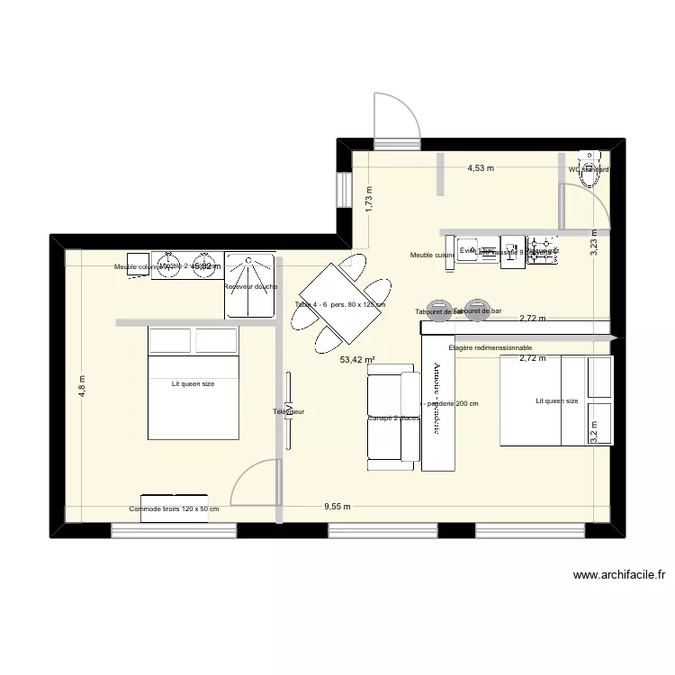 hemara. Plan de 1  et 53 m²