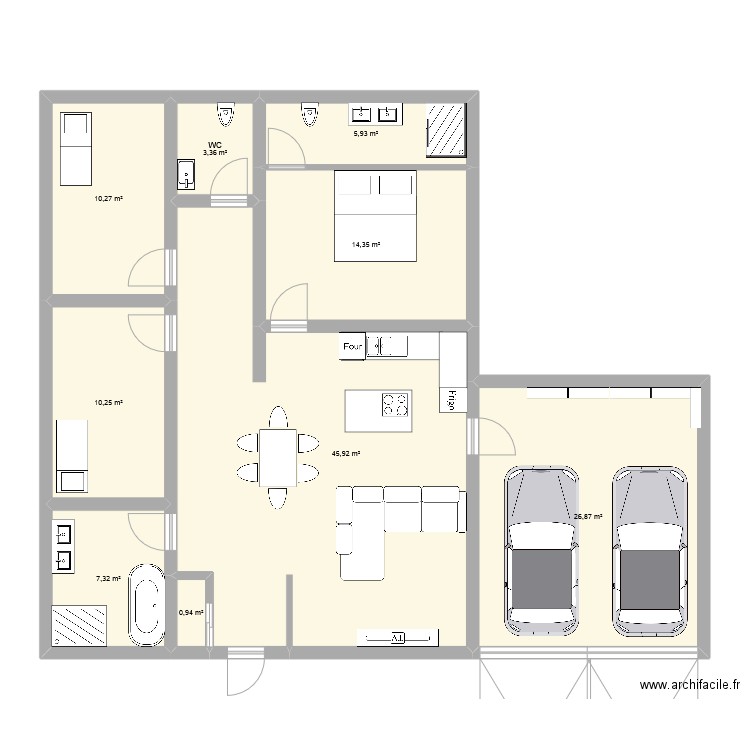 conteneures. Plan de 9 pièces et 125 m2