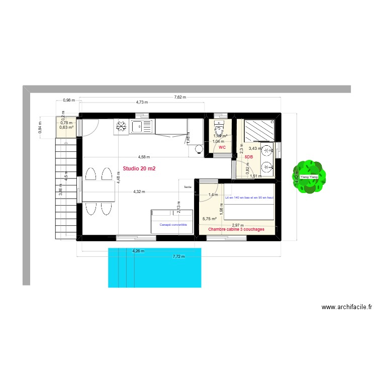 Kiosque V3. Plan de 4 pièces et 11 m2