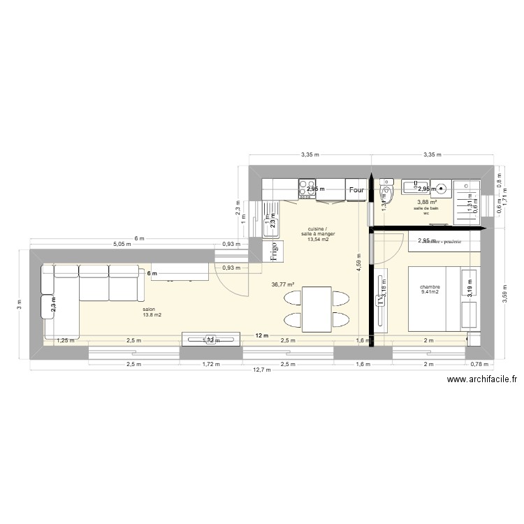 t2 sillans. Plan de 2 pièces et 41 m2