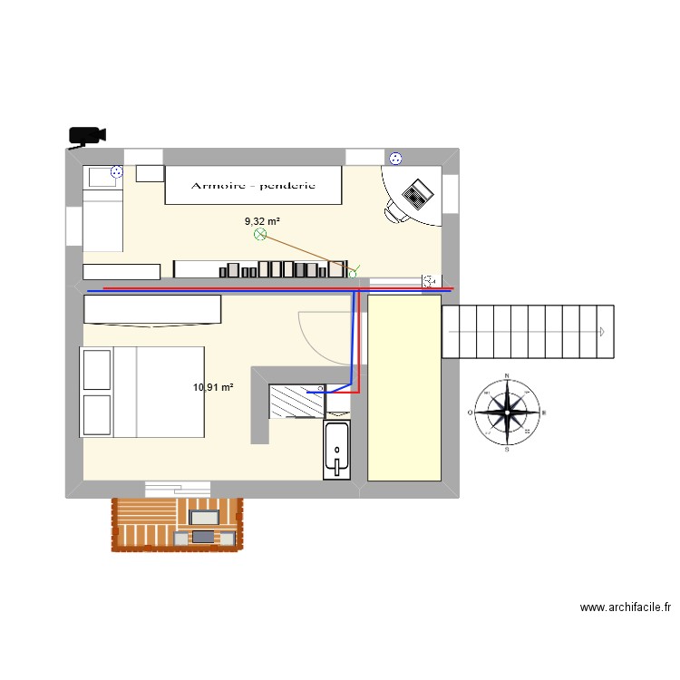 chambre. Plan de 2 pièces et 20 m2