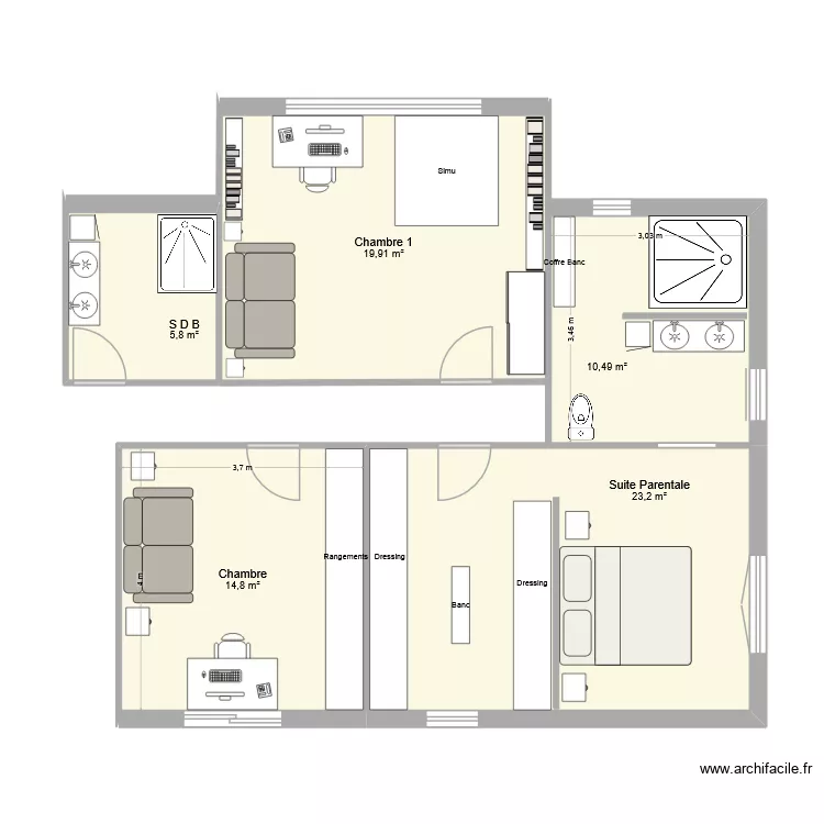 Suite parentale + 1 Chambre + Simu V2 + SDB. Plan de 5 Pièces et 74 m² Suite parentale + 1 Chambre + Simu V2 + SDB. Plan de 5 Pièces et 74 m²