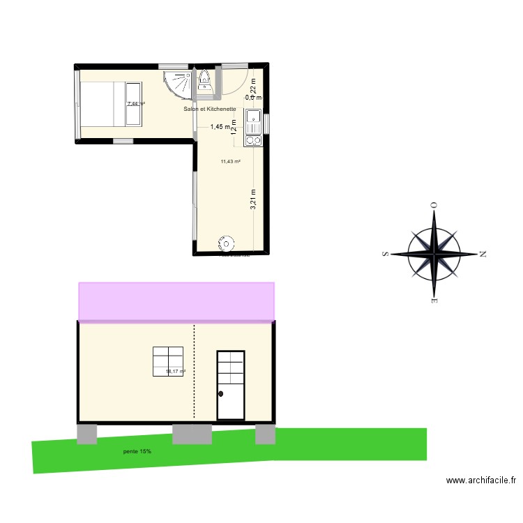 Lacaze vue ouest. Plan de 4 pièces et 56 m2