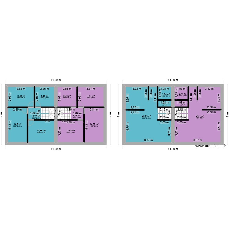 akin. Plan de 16 pièces et 217 m2