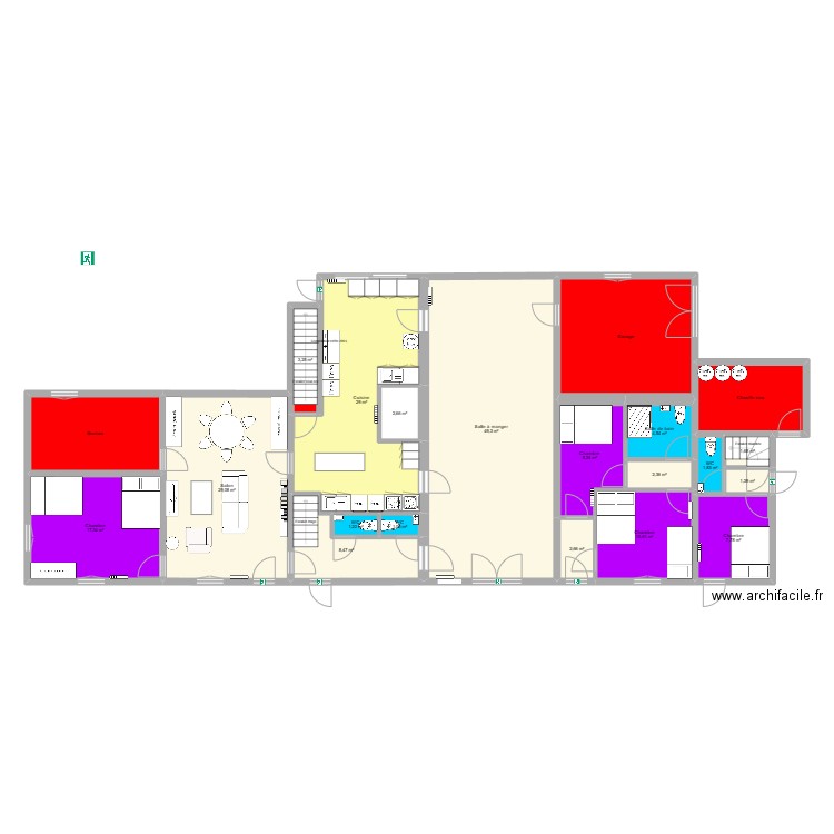 rdc gite groupe espace couleur nom des pieces + meubles. Plan de 21 pièces et 225 m2