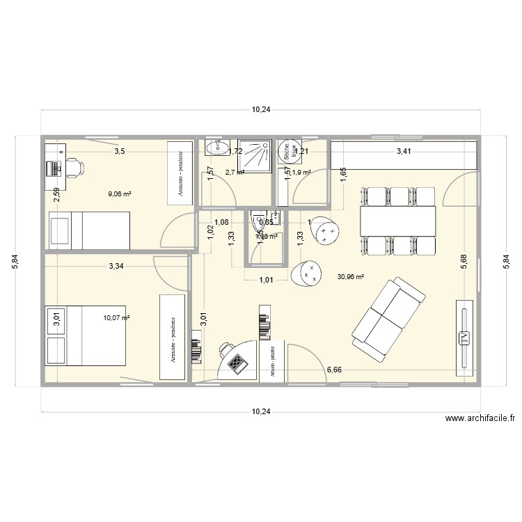 Coin bureau gauche entrée. Plan de 6 pièces et 56 m2
