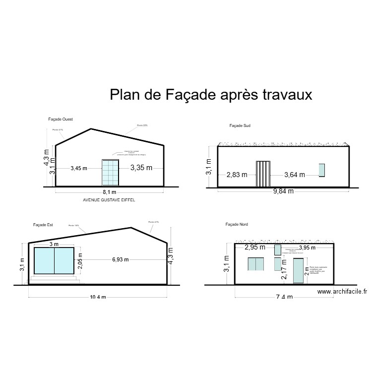 facades apres travaux. Plan de 4 pièces et 120 m2