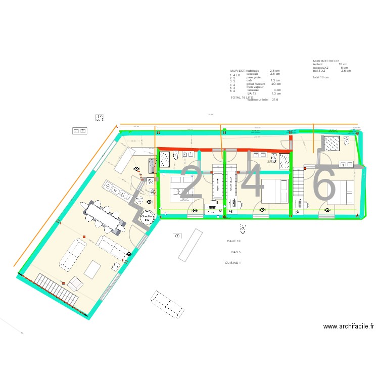 ALARME. Plan de 16 pièces et 160 m2