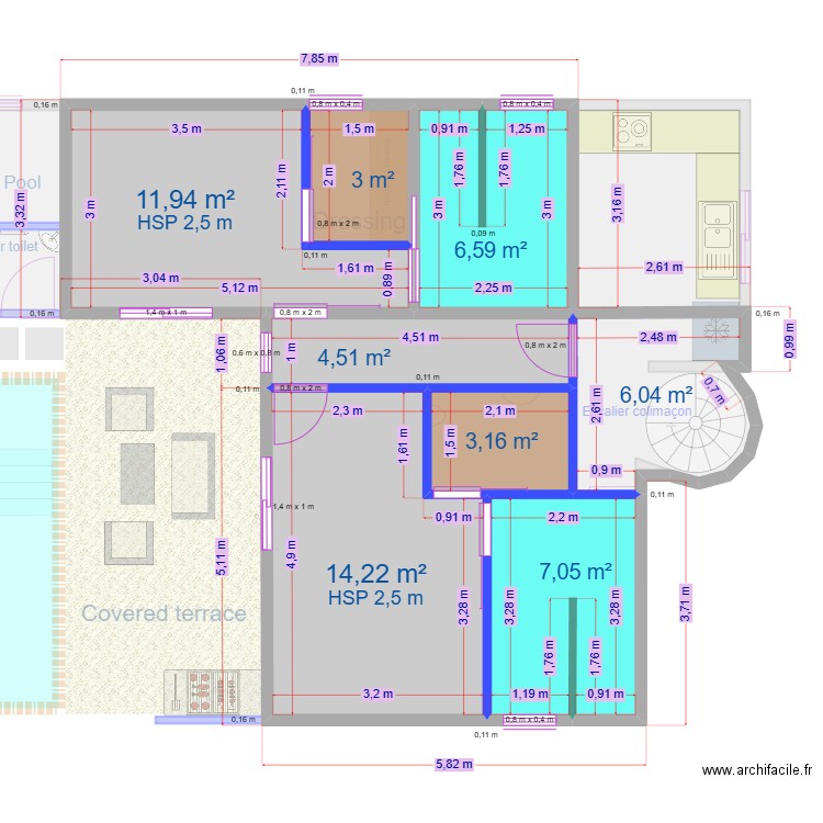 Villa Model V2 3 Chambres R+1 Cotation. Plan de 14 pièces et 128 m2