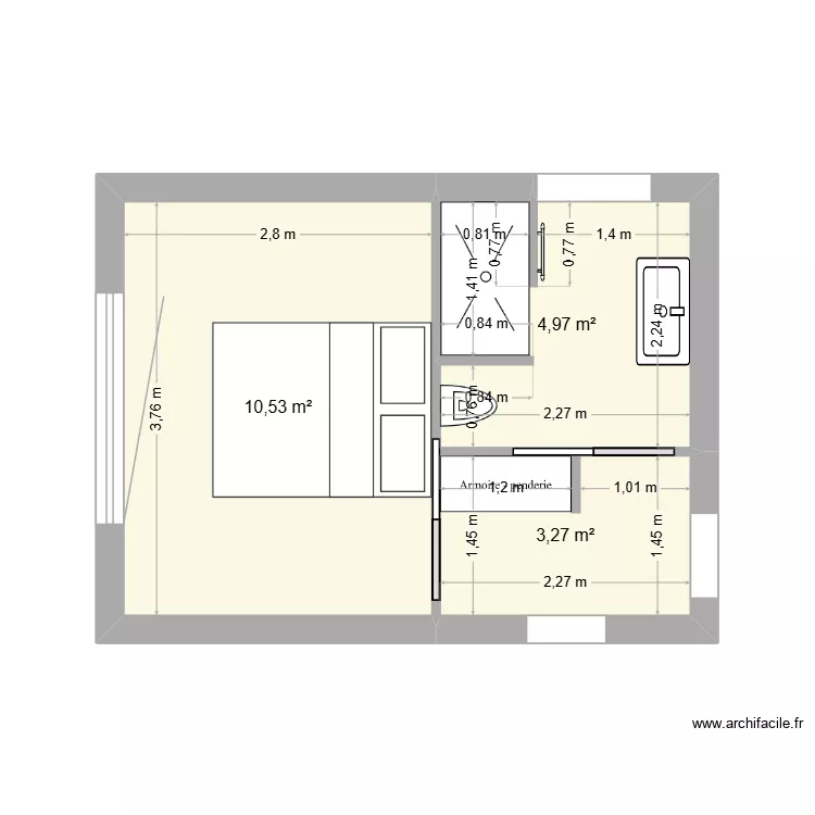 DE HAAS. Plan de 3 pièces et 19 m²