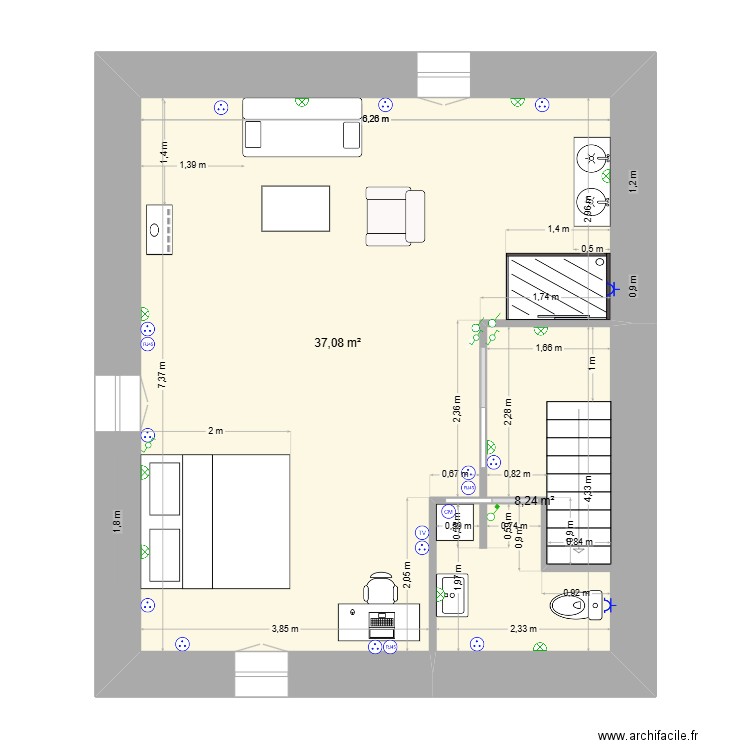 chambre Pruno Juin 2025. Plan de 2 pièces et 45 m2