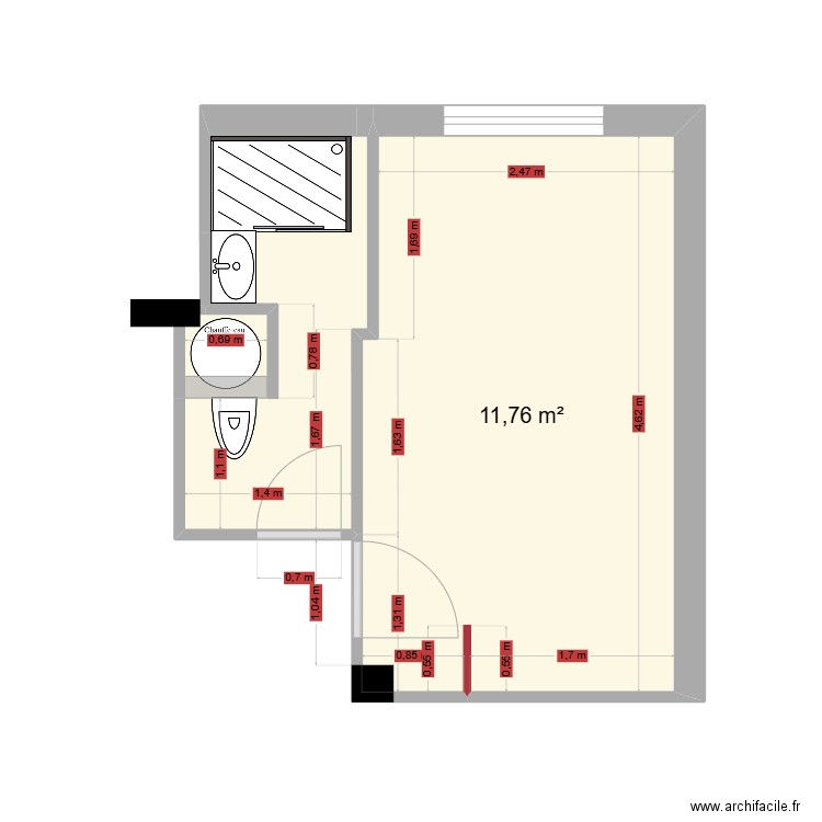 2025_04_19 Fermeture chambre. Plan de 2 pièces et 16 m2