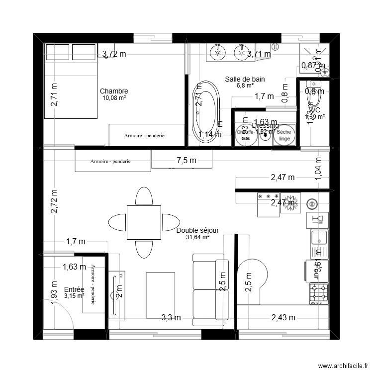 Maison semi-entérée. Plan de 6 pièces et 55 m2