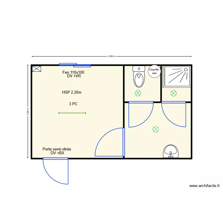 Projet 5x3m avec douche + WC. Plan de 4 et 15 m² Projet 5x3m avec douche + WC. Plan de 4 et 15 m²