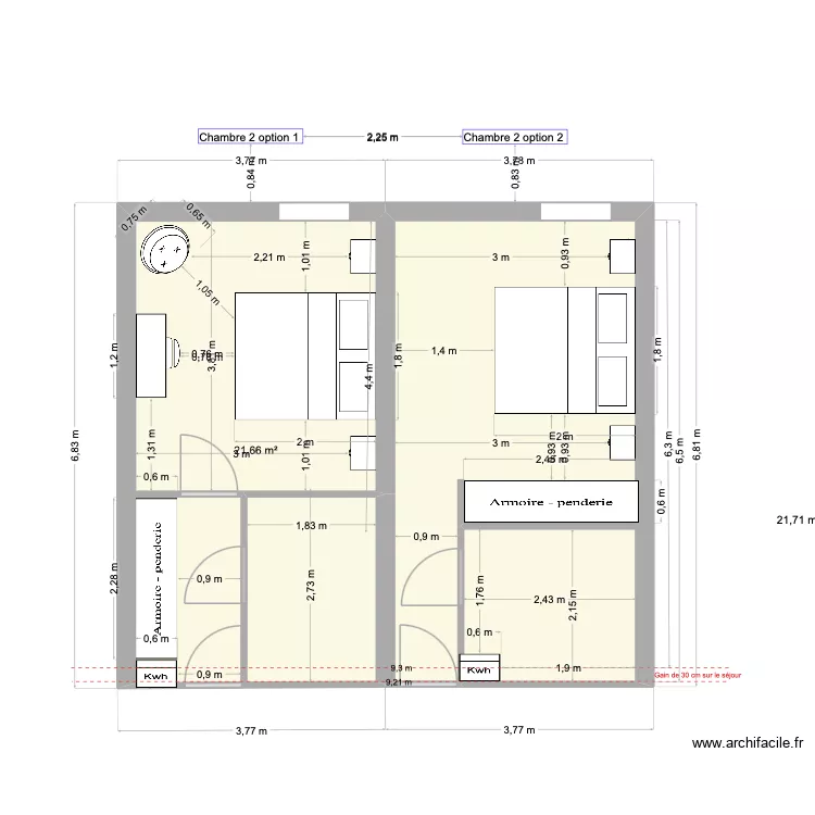 Chambre 2- sdb agrandie. Plan de 2  et 43 m²