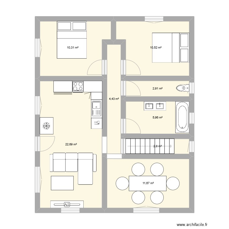 Maison joyeuse amenager. Plan de 8 pièces et 71 m2