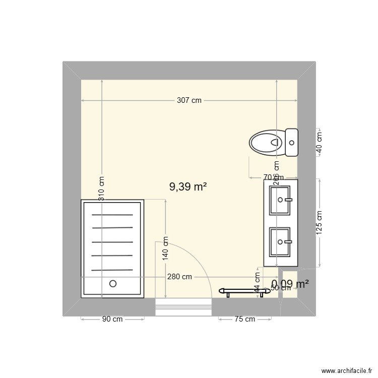 Salle de Bain (JAUNE Nouvelle). Plan de 2 pièces et 9 m2