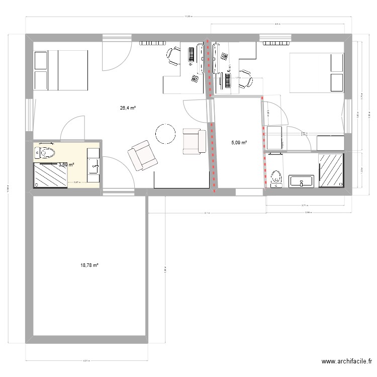 etage annexe. Plan de 4 pièces et 54 m2