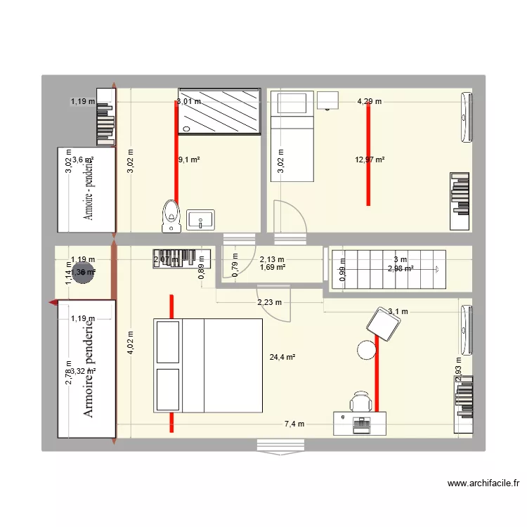 Etage. Plan de 8  et 59 m²