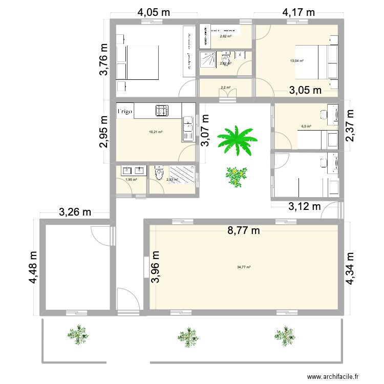 plan maison GA. Plan de 9 pièces et 77 m2