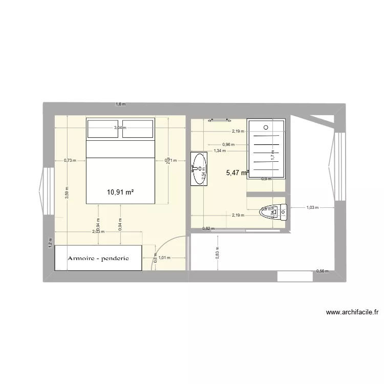 chambre -SDB. Plan de 2  et 16 m²