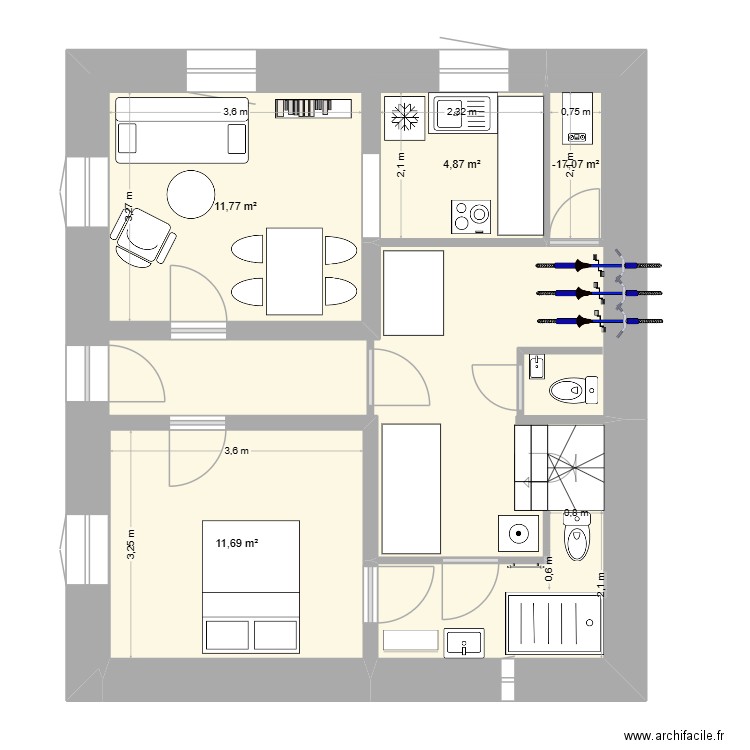 ChaletSousBassement-Phase3-SalonCuisine. Plan de 4 pièces et 30 m2