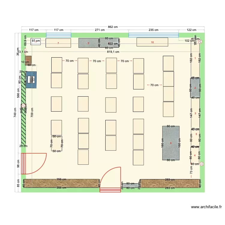 Classe Madame Nini P4 + 4 bancs + Modifs armoires. Plan de 1 Pièce et 58 m² Classe Madame Nini P4 + 4 bancs + Modifs armoires. Plan de 1 Pièce et 58 m²