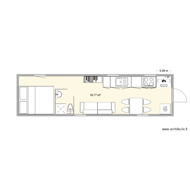 roulotte. Plan de 1 pièce et 19 m2