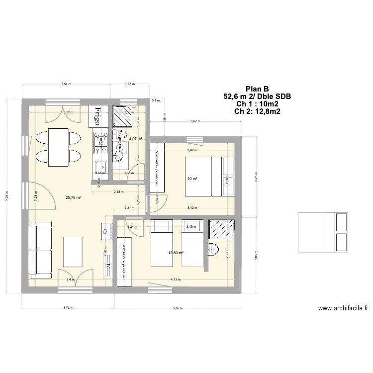 Plan B 52,6 m 2/ Dble SDB Ch 1 : 10m2 Ch 2: 12,8m2. Plan de 4 pièces et 53 m2