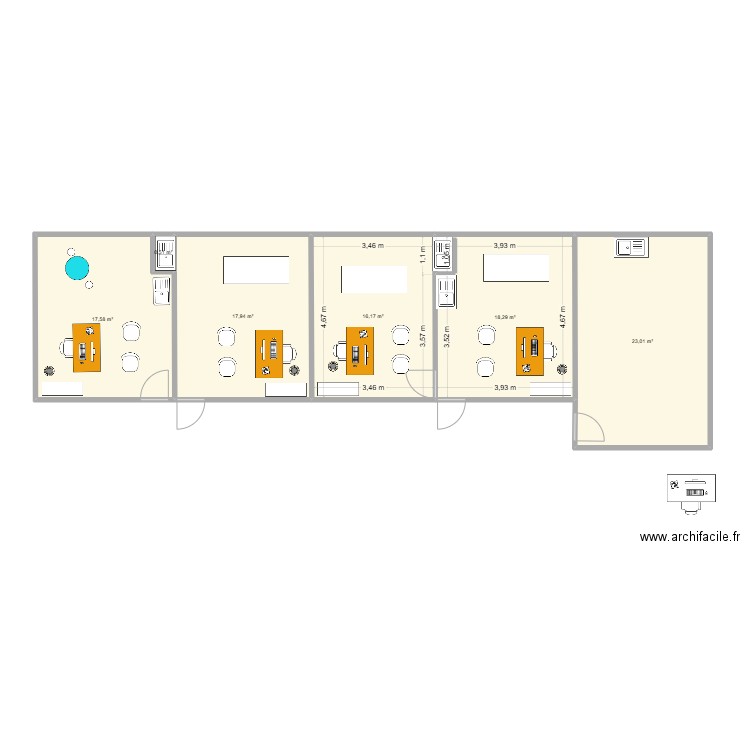 bureau. Plan de 6 pièces et 93 m2