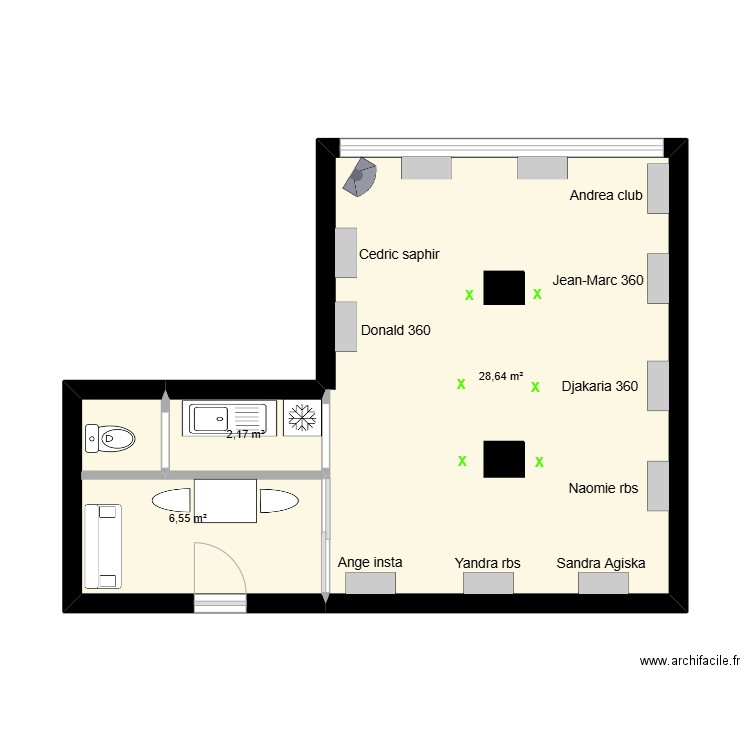 Bureau en CI. Plan de 3 pièces et 37 m2