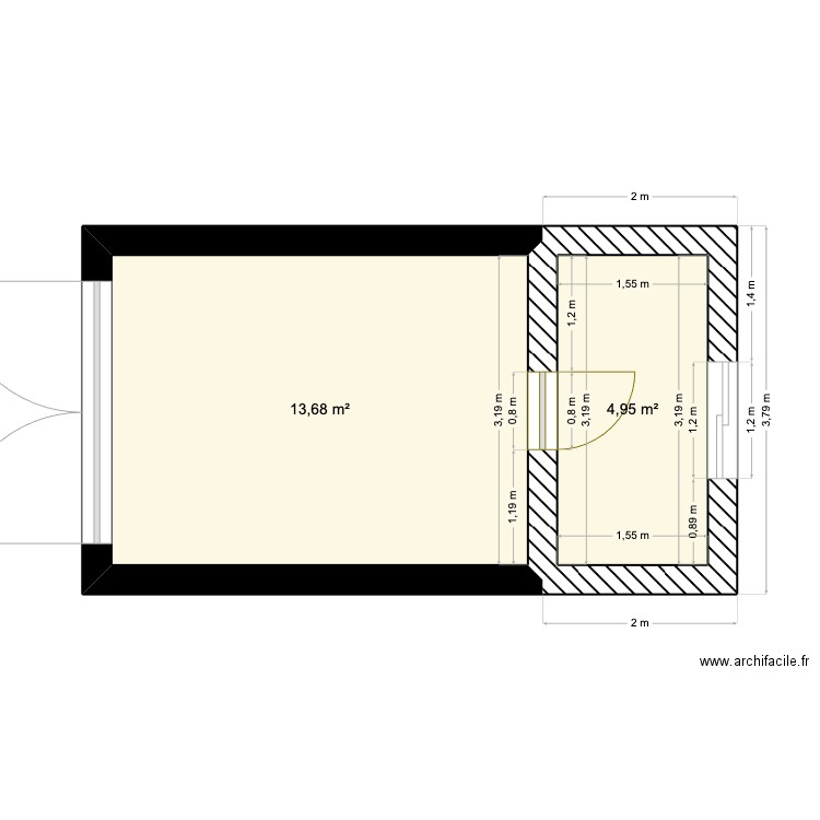Pièce complémentaire. Plan de 2 pièces et 19 m2