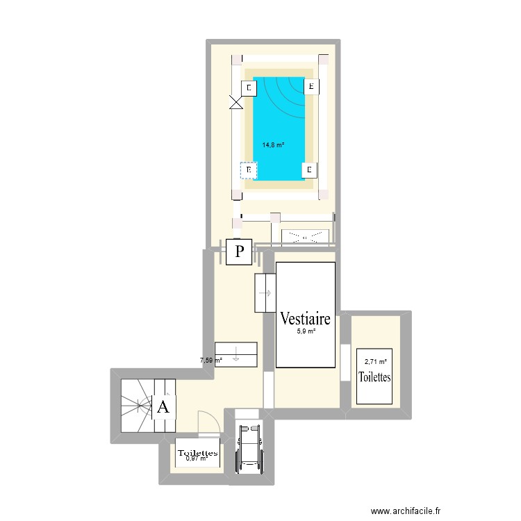3e étage piscine. Plan de 5 pièces et 32 m2