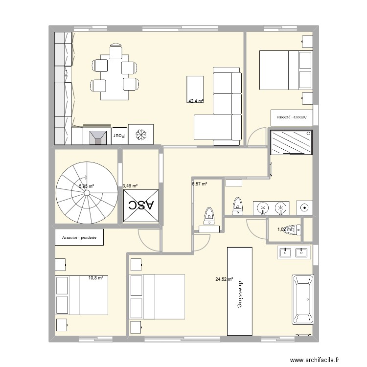 F5 avec SDB parentale. Plan de 7 pièces et 95 m2