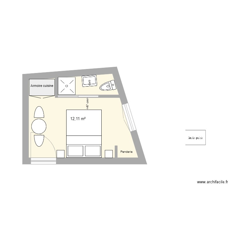 Chambre cécile. Plan de 1 pièce et 12 m2