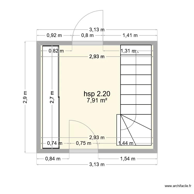Palier 1er &eacute;tage vers 2 eme &eacute;tage. Plan de 1  et 8 m²