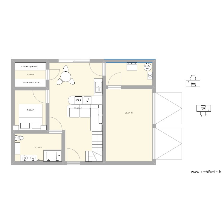 Maison carré. Plan de 5 pièces et 74 m2