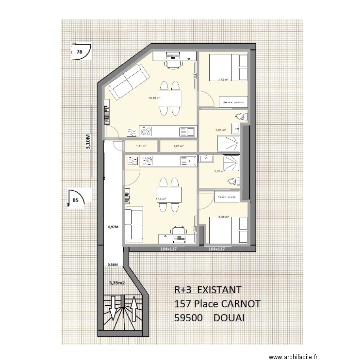 PROJET R+3 157 PLACE CARNOT JUILLET 2025. Plan de 8 pièces et 62 m2