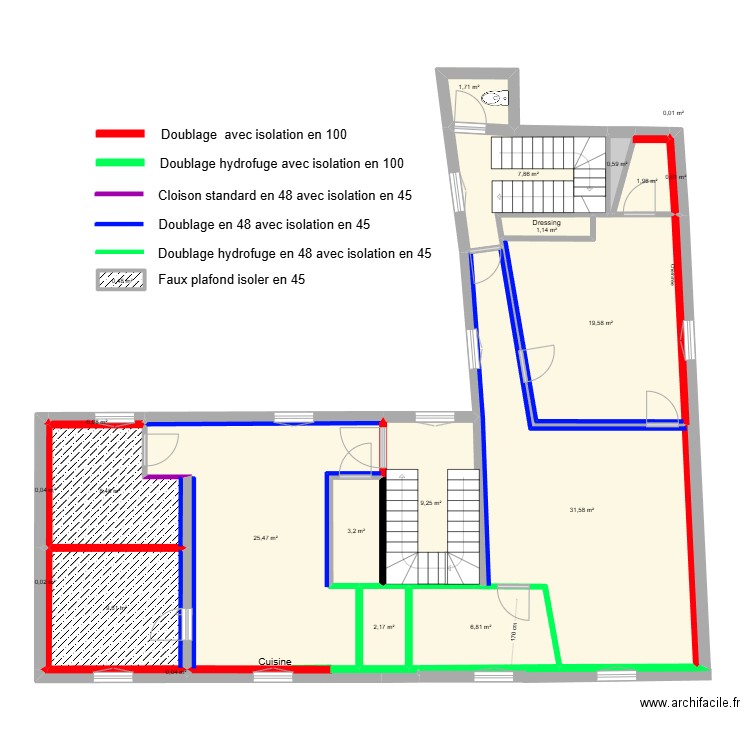 Placo 1er CDL. Plan de 21 pièces et 130 m2