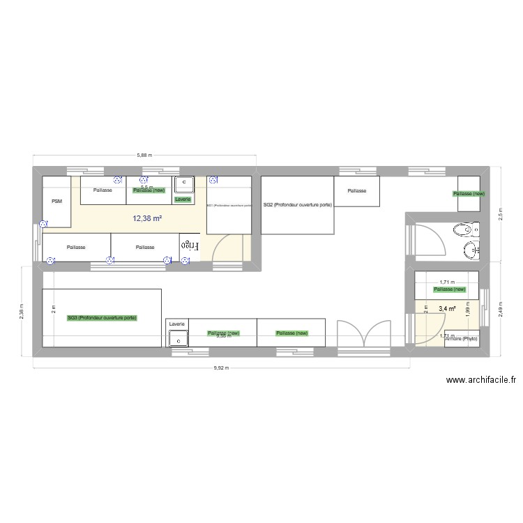 Labo Provisoire (4 préfabriqué). Plan de 2 pièces et 16 m2